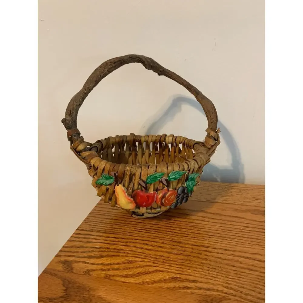 VTG Fruit Wicker Gathering Basket God's Eye Branch Handle Woven Hand Painted